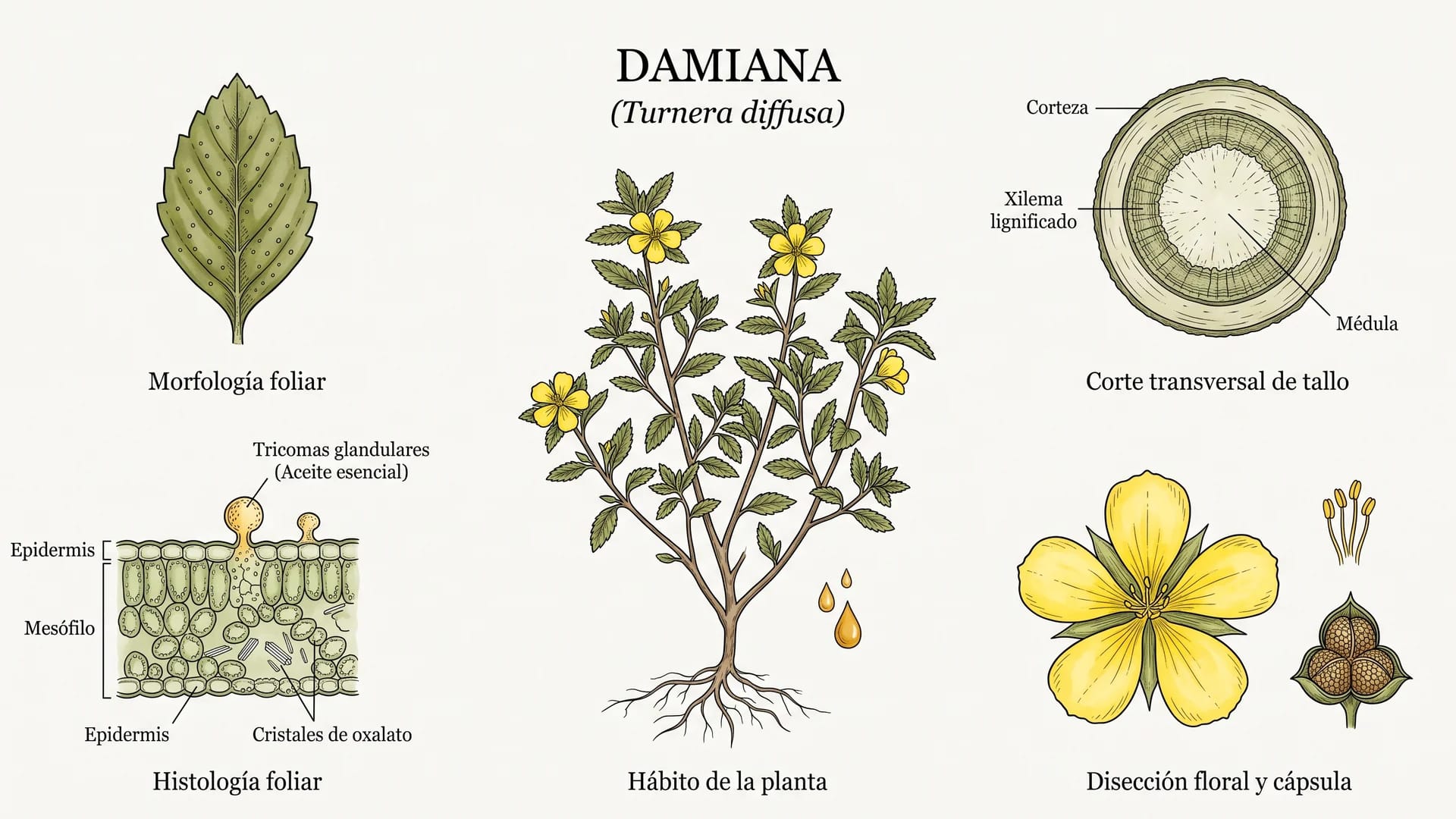 Lámina científica y farmacognóstica de Turnera diffusa (damiana): morfología, histología, hábito, corte transversal y órganos reproductivos.