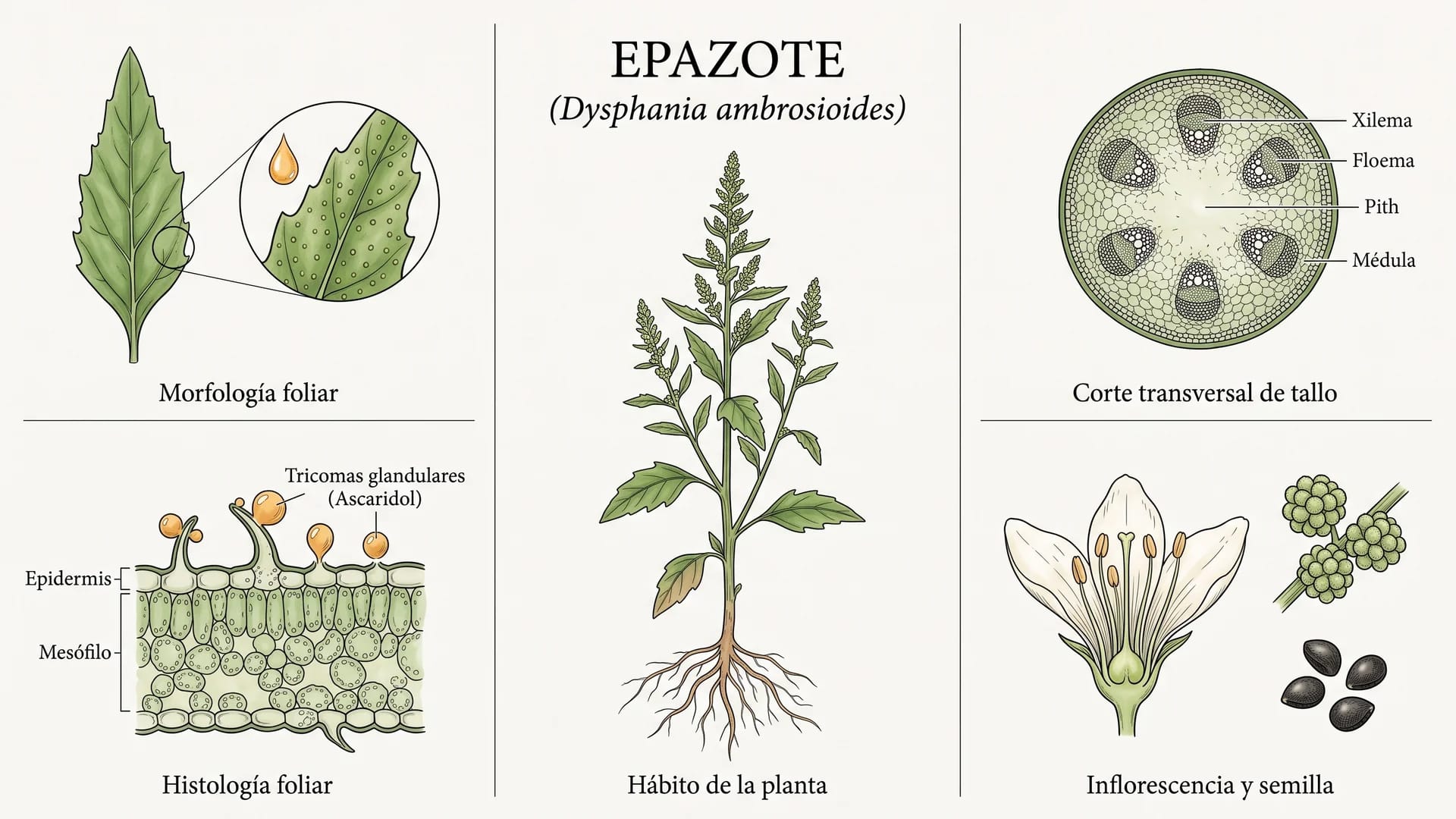 Lámina científica y farmacognóstica de Dysphania ambrosioides (epazote): morfología, histología, hábito, corte transversal y órganos reproductivos.