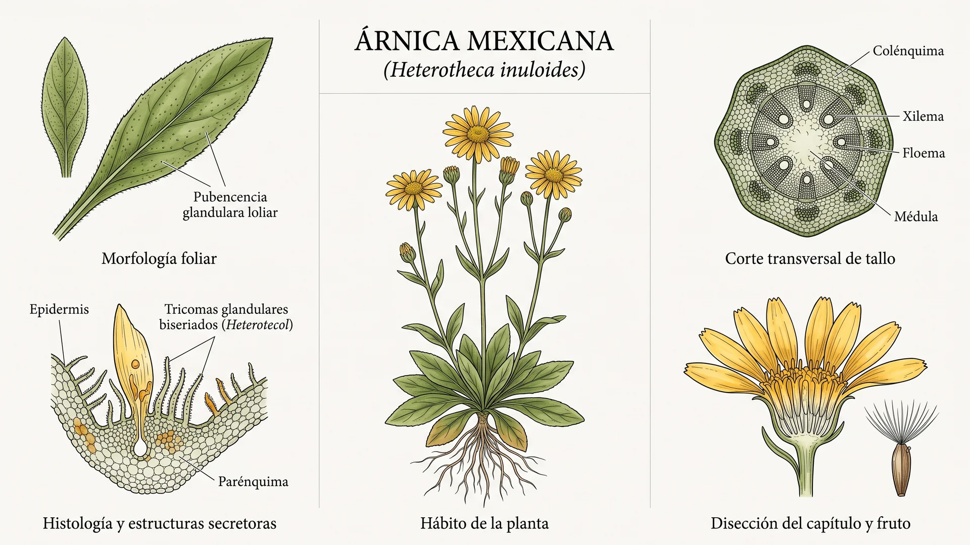 Lámina científica y farmacognóstica de Heterotheca inuloides (árnica mexicana): morfología, histología, hábito, corte transversal y órganos reproductivos.
