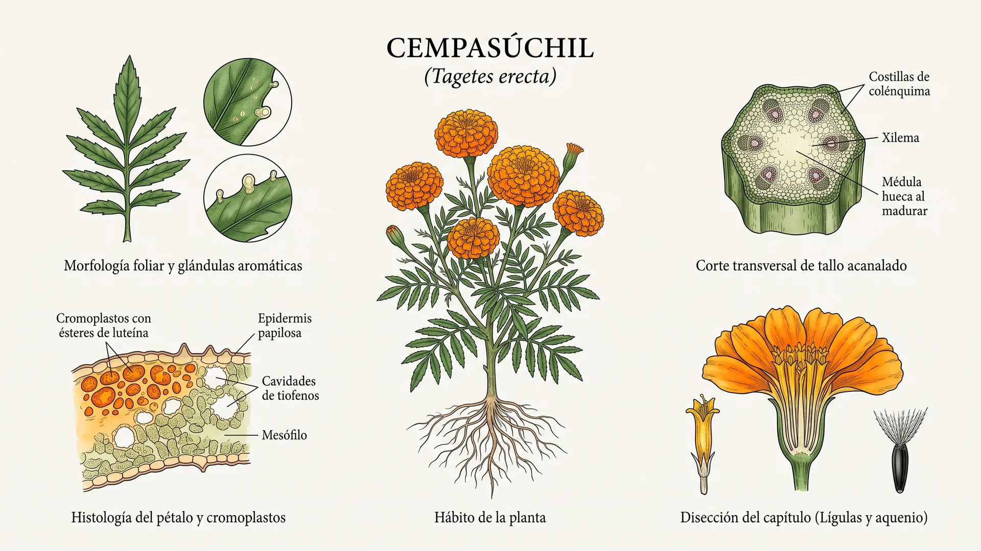 Lámina científica y farmacognóstica de Tagetes erecta (cempasúchil): morfología, histología, hábito, corte transversal y órganos reproductivos.