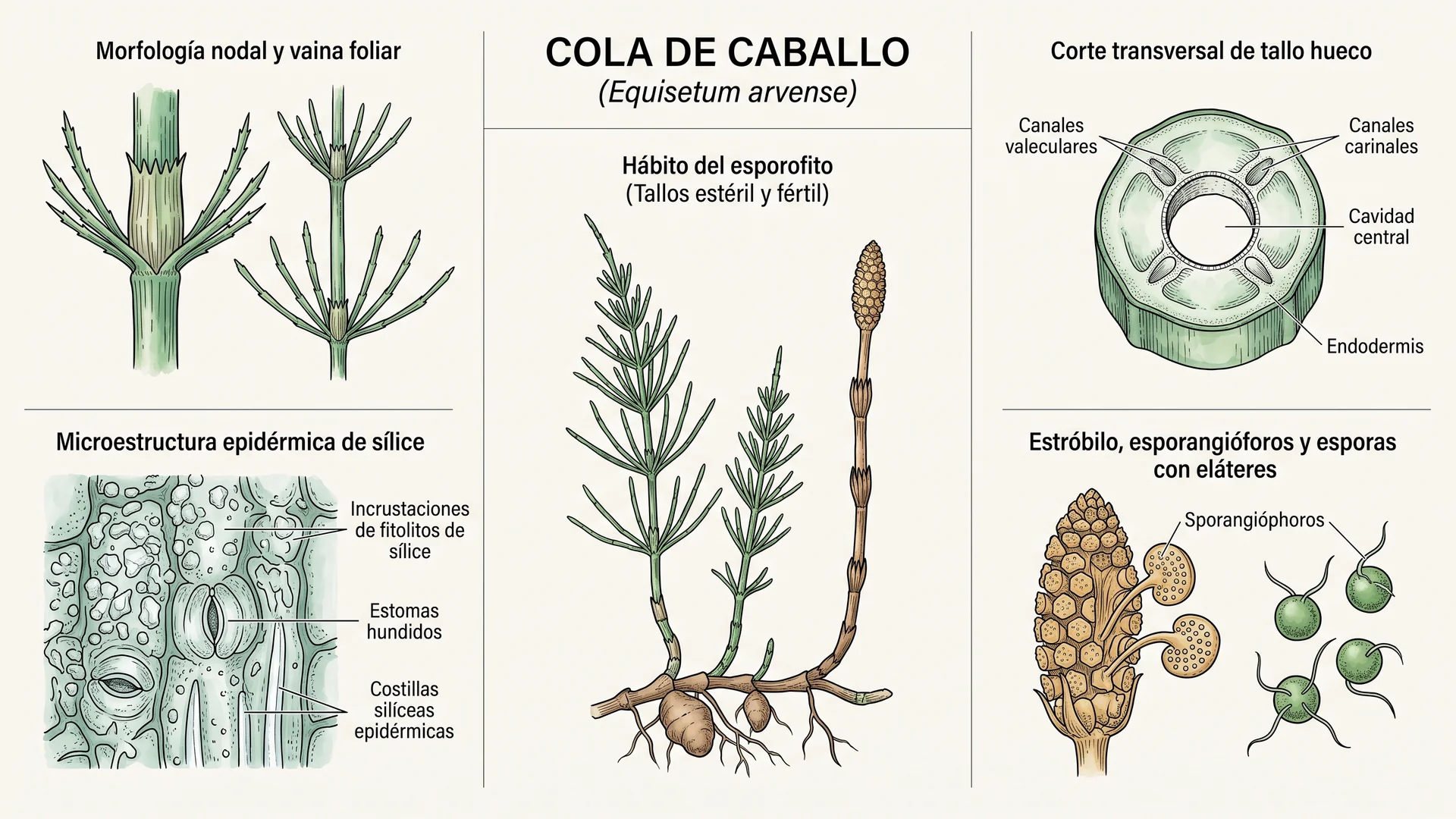Lámina científica y farmacognóstica de Equisetum arvense (cola de caballo): morfología, histología, hábito, corte transversal y órganos reproductivos.