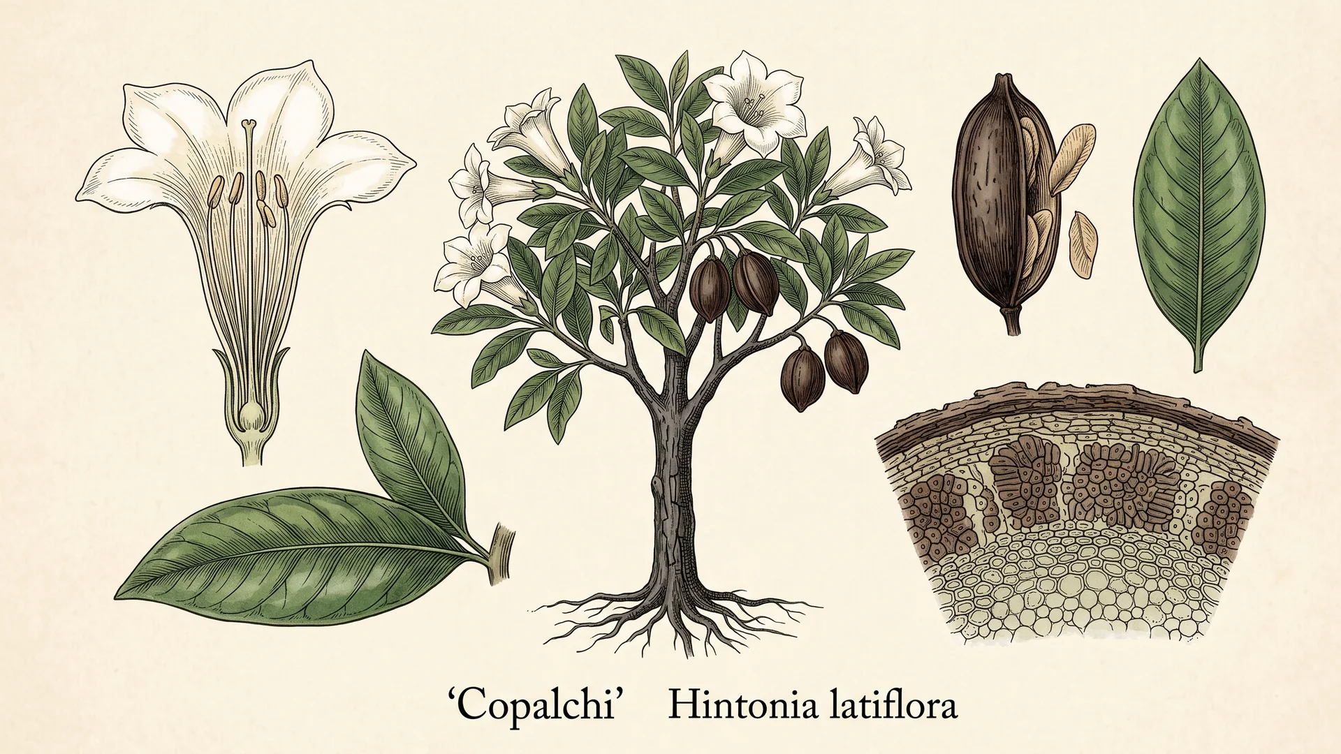 Lámina científica y farmacognóstica de Hintonia latiflora (copalchi): morfología, histología, hábito, corte transversal y órganos reproductivos.