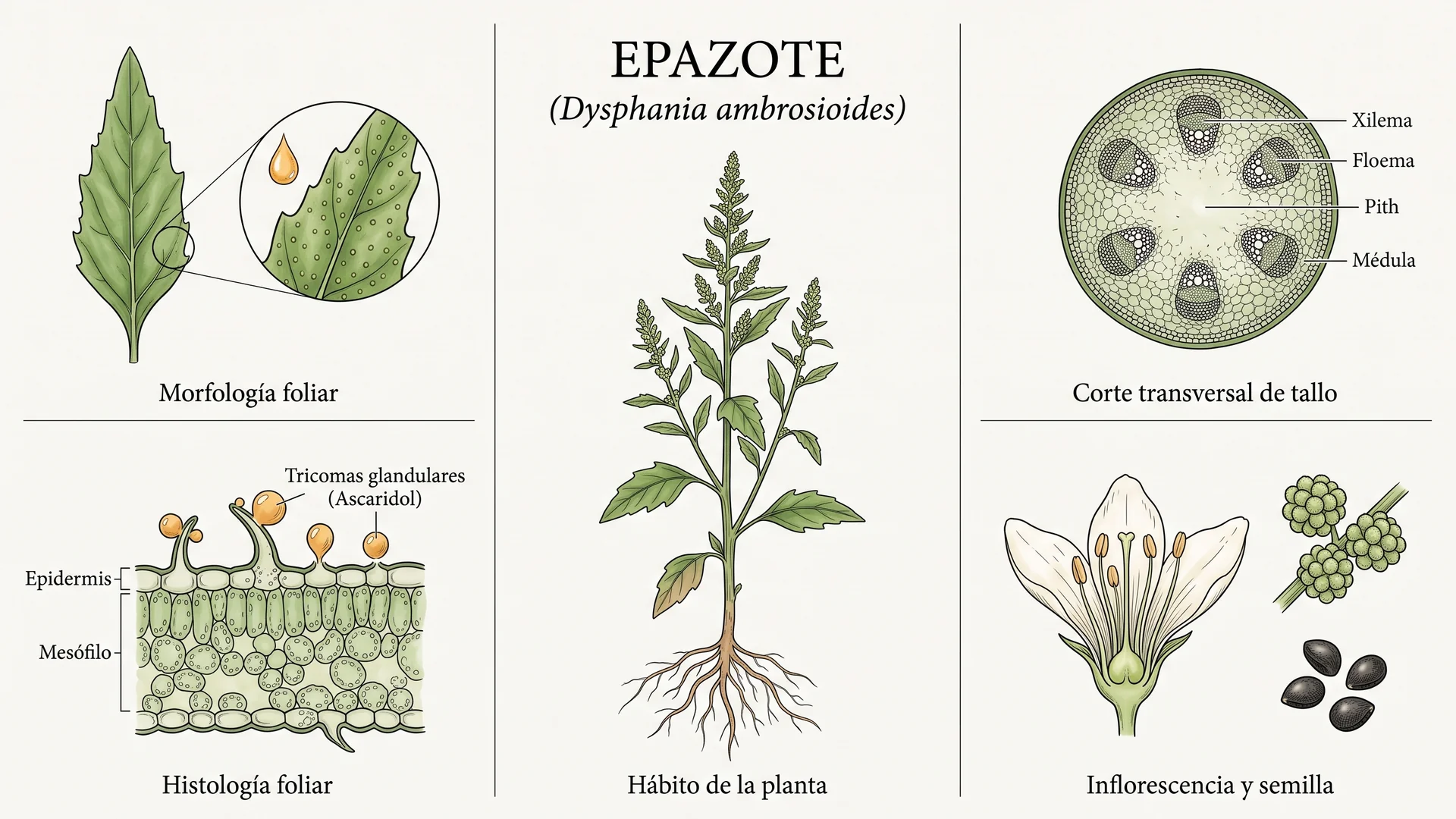 Lámina científica y farmacognóstica de Dysphania ambrosioides (epazote): morfología, histología, hábito, corte transversal y órganos reproductivos.