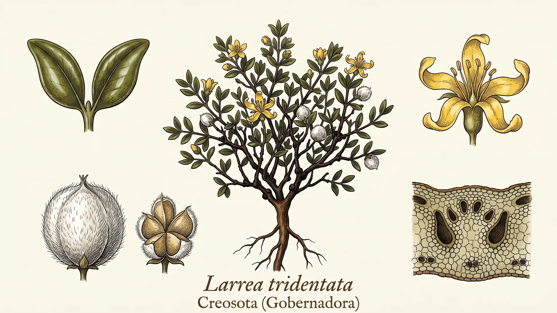 Lámina científica y farmacognóstica de Larrea tridentata (gobernadora): morfología, histología, hábito, corte transversal y órganos reproductivos.
