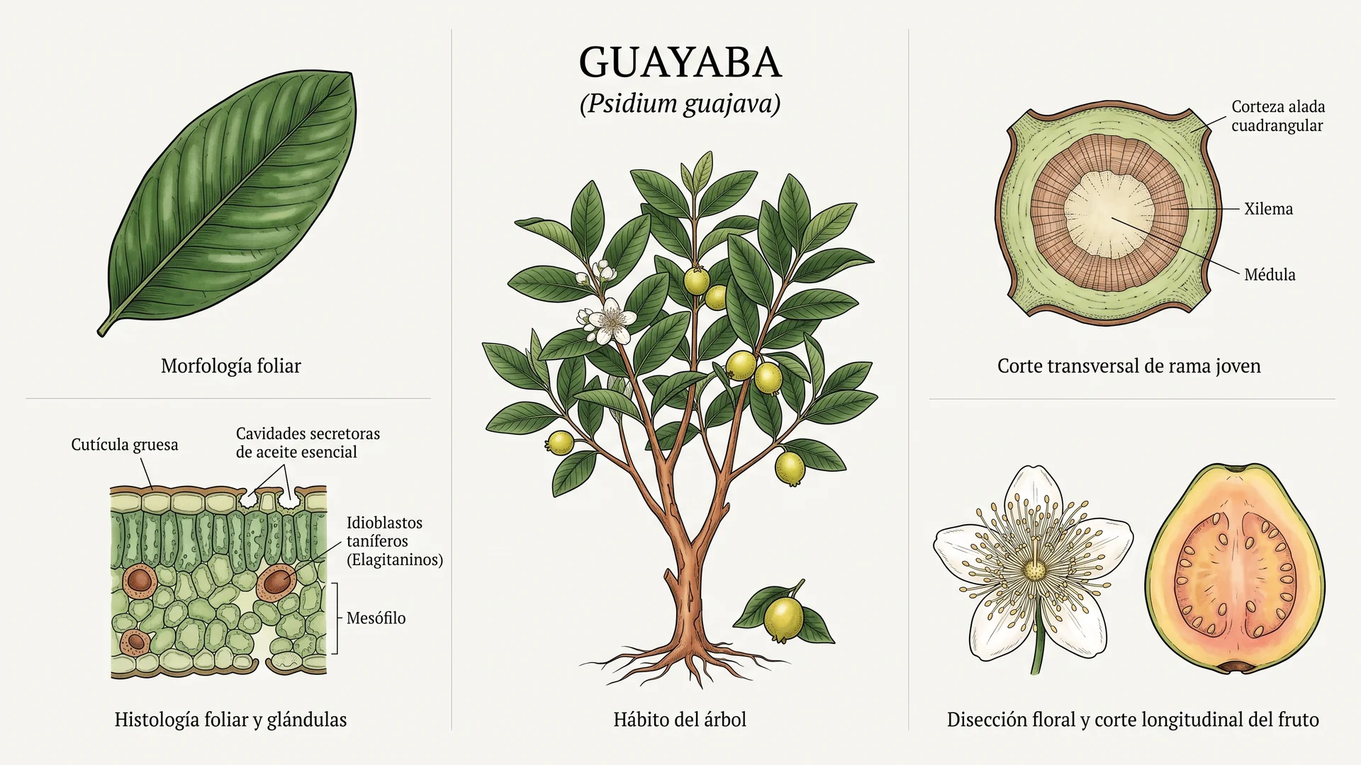 Lámina científica y farmacognóstica de Psidium guajava (guayaba): morfología, histología, hábito, corte transversal y órganos reproductivos.