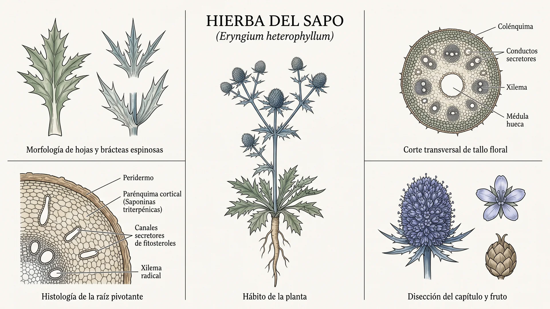 Lámina científica y farmacognóstica de Eryngium heterophyllum (hierba del sapo): morfología, histología, hábito, corte transversal y órganos reproductivos.