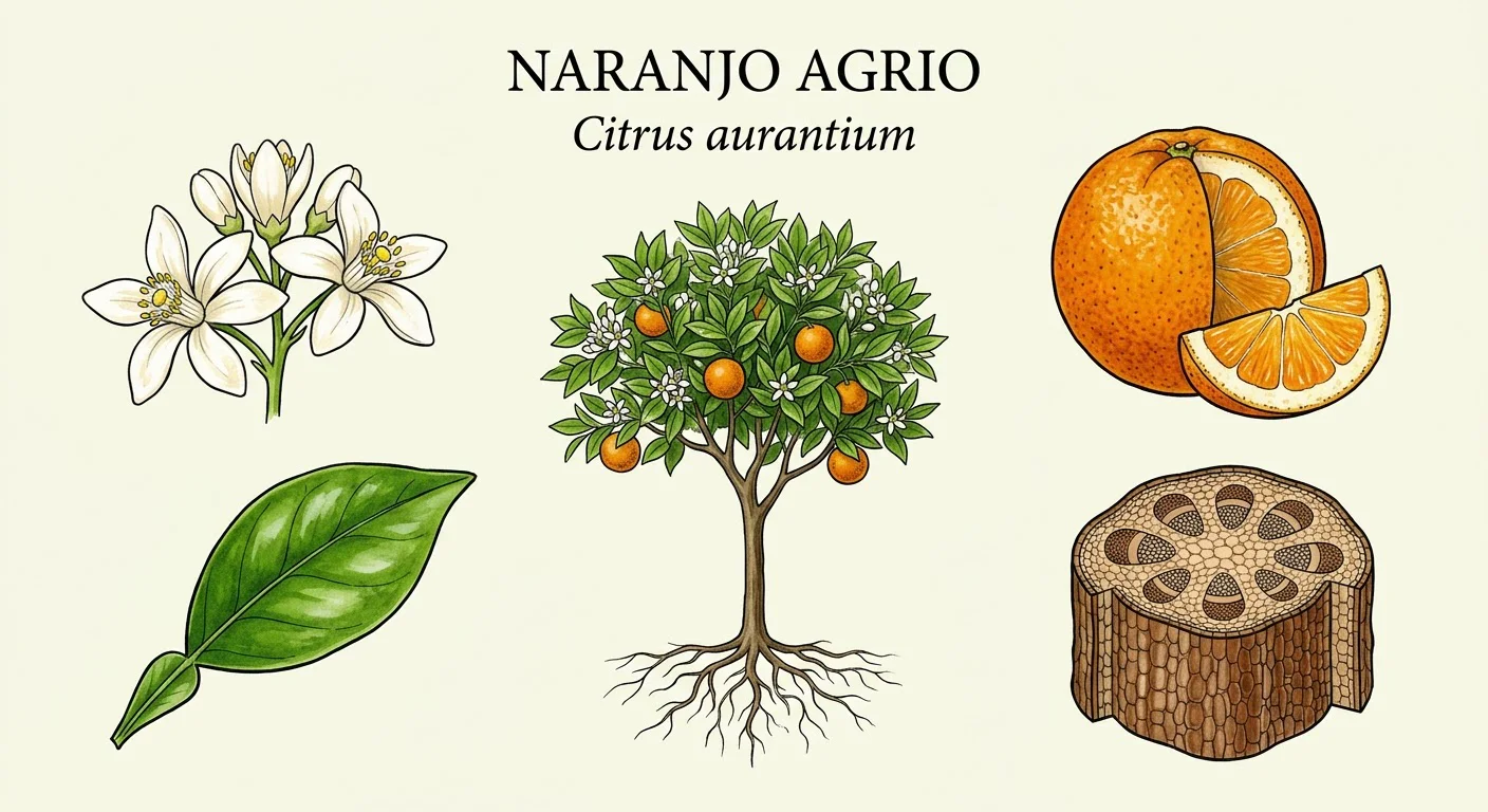 Lámina botánica de Citrus aurantium L. (naranjo agrio): flor de azahar, limbo de peciolo alado, hábito con raíz, hesperidio e histología de tallo.