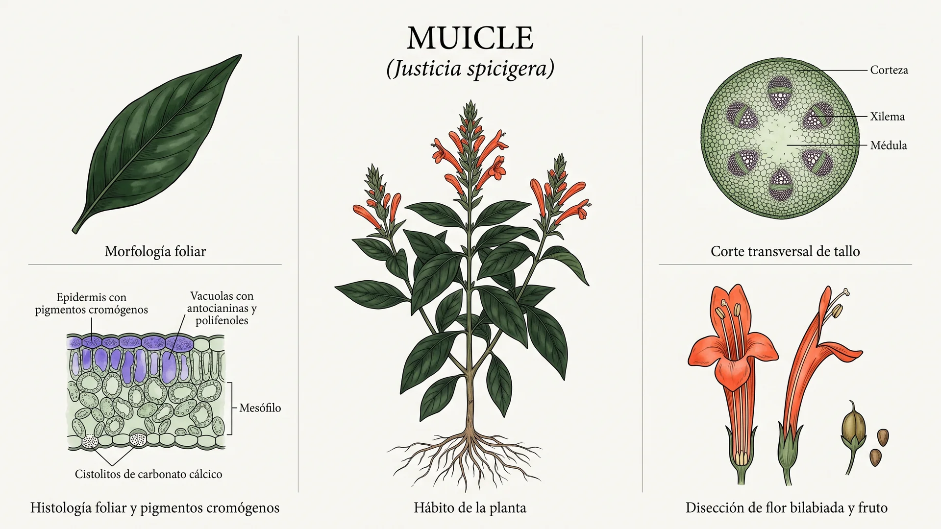 Lámina científica y farmacognóstica de Justicia spicigera (muicle): morfología, histología, hábito, corte transversal y órganos reproductivos.