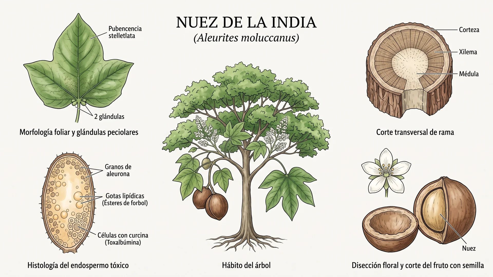 Lámina científica y farmacognóstica de Aleurites moluccanus (nuez de la India): morfología, histología, hábito, corte transversal y órganos reproductivos.