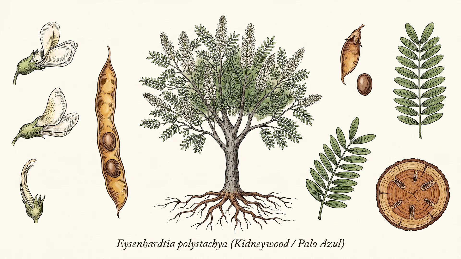 Lámina científica y farmacognóstica de Eysenhardtia polystachya (Ortega) Sarg. (palo azul): morfología, histología, hábito, corte transversal y órganos reproductivos.