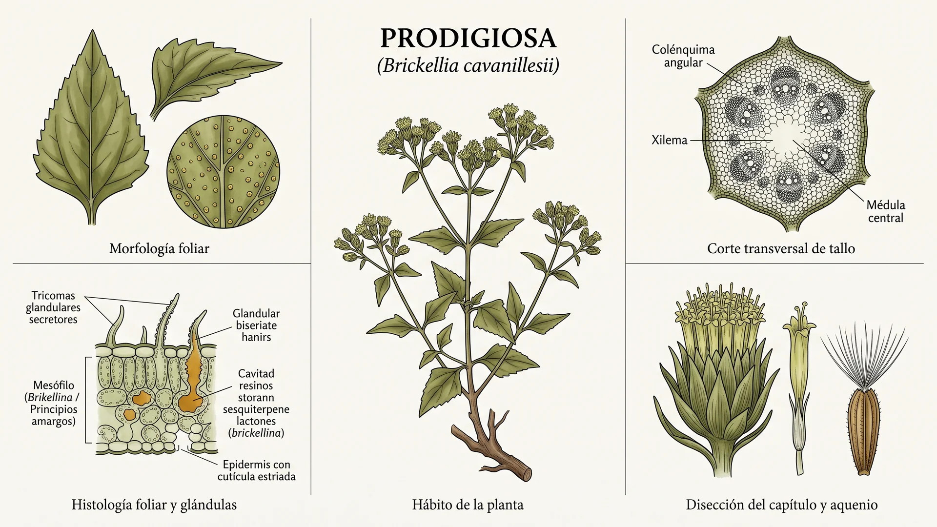 Lámina científica y farmacognóstica de Brickellia cavanillesii (prodigiosa): morfología, histología, hábito, corte transversal y órganos reproductivos.