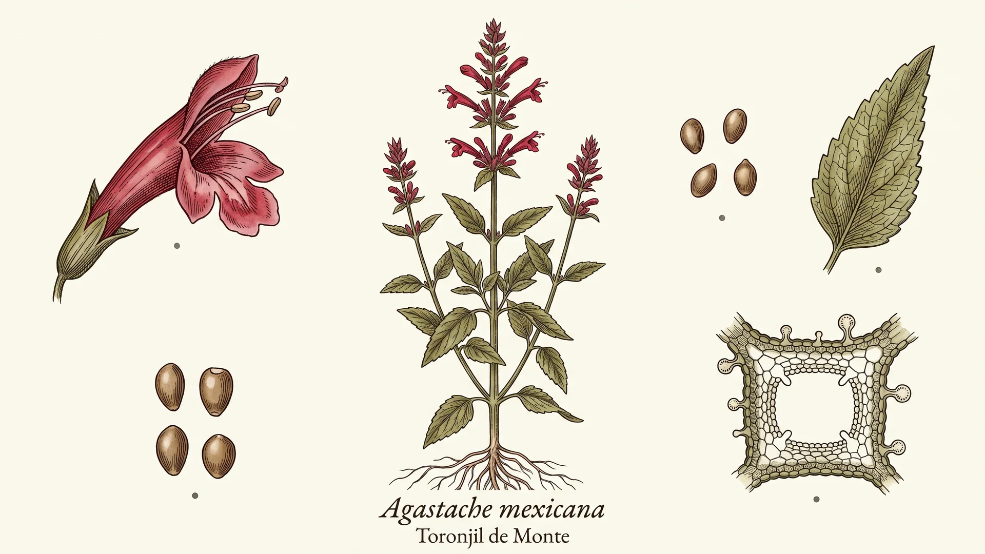 Lámina científica y farmacognóstica de Agastache mexicana (toronjil mexicano): morfología, histología, hábito, corte transversal y órganos reproductivos.
