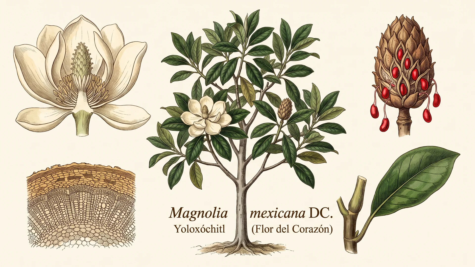 Lámina científica y farmacognóstica de Magnolia mexicana DC. (yoloxóchitl): morfología, histología, hábito, corte transversal y órganos reproductivos.
