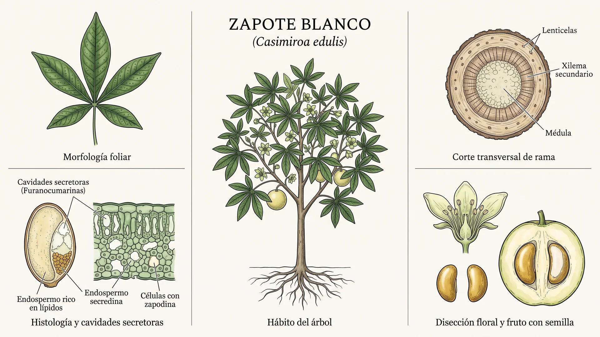 Lámina científica y farmacognóstica de Casimiroa edulis (zapote blanco): morfología, histología, hábito, corte transversal y órganos reproductivos.