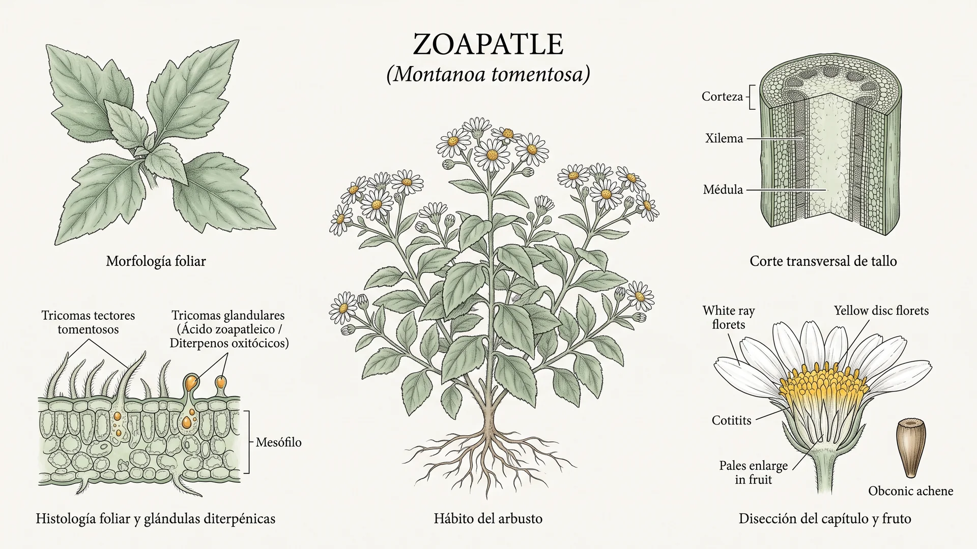 Lámina científica y farmacognóstica de Montanoa tomentosa (zoapatle): morfología, histología, hábito, corte transversal y órganos reproductivos.