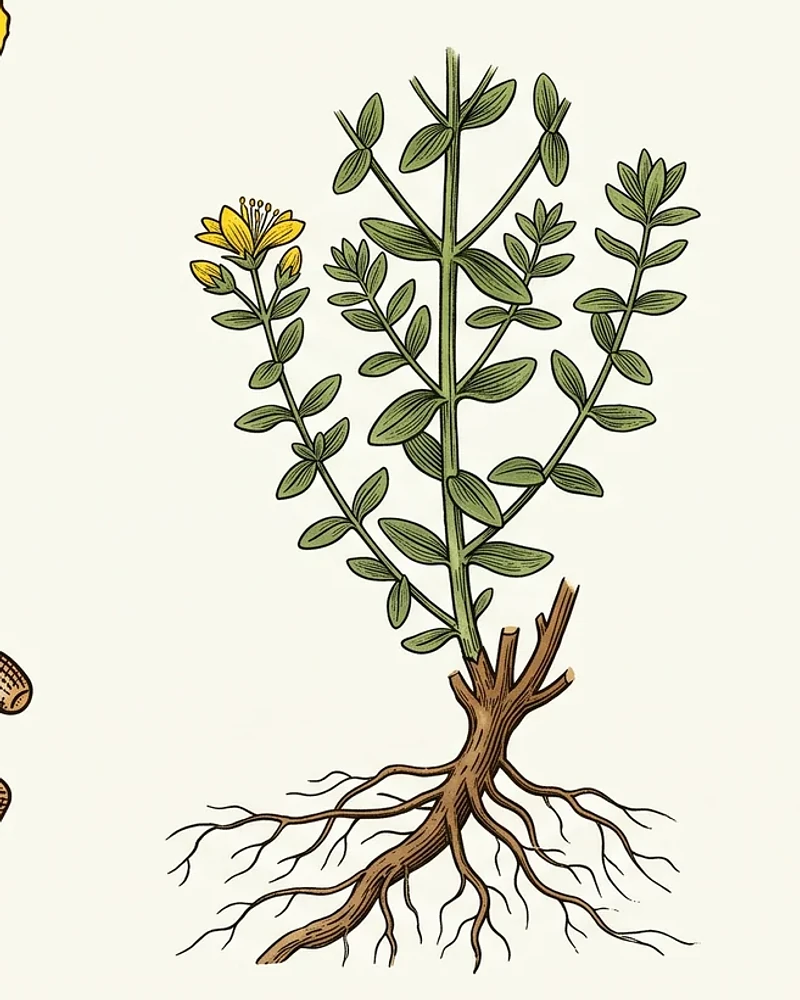 Lámina botánica de hábito de Hypericum perforatum L..